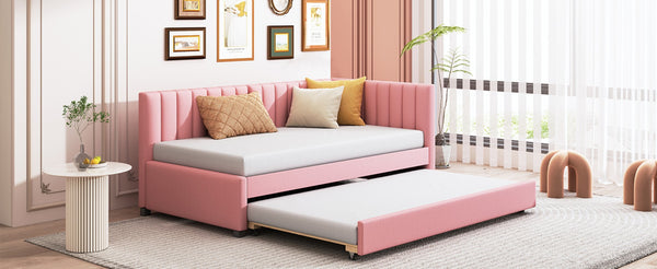 English Elm Upholstered Twin Daybed with Roll-out Trundle Linen Sofa Frame for Guest Rooms Pink LP000171AAH