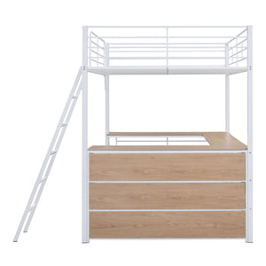 English Elm Full Metal Loft Bed with L-Shaped Desk, 3-Tier Shelving, Sturdy Ladder & Space-Saving Design for Teens and Adults White SF000080AAK