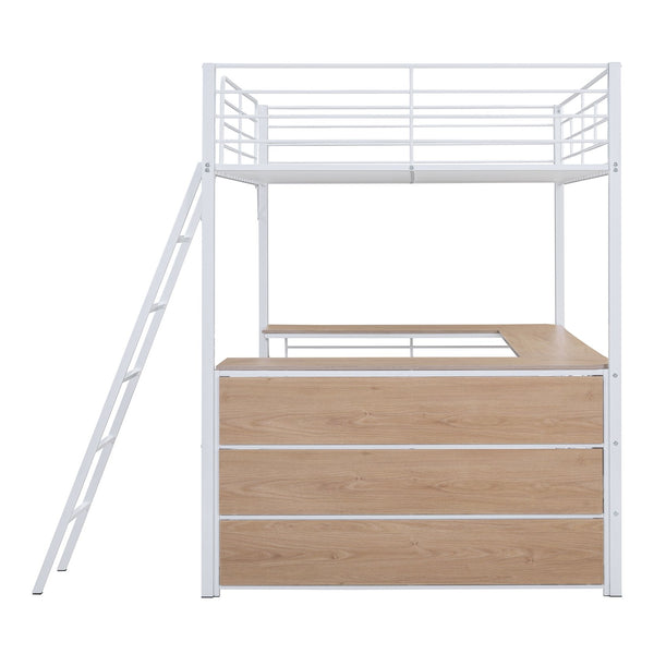 English Elm Full Metal Loft Bed with L-Shaped Desk, 3-Tier Shelving, Sturdy Ladder & Space-Saving Design for Teens and Adults White SF000080AAK