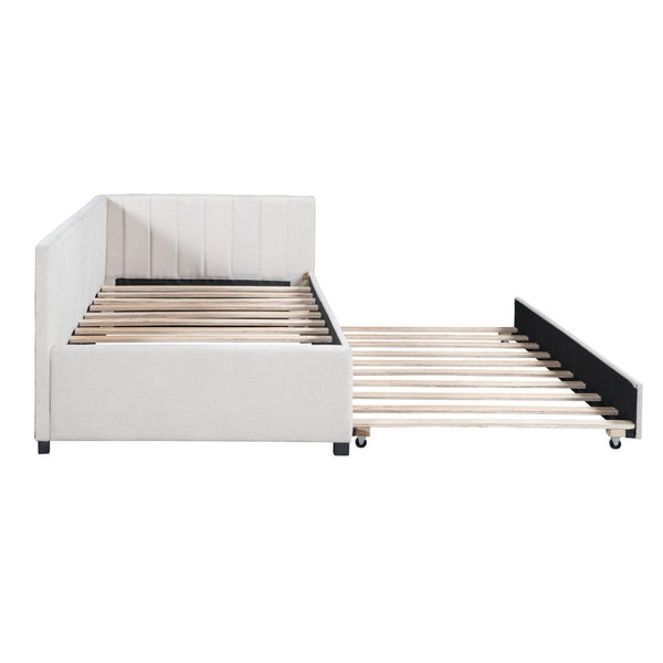 English Elm Upholstered Twin Daybed with Roll-out Trundle Linen Sofa Frame for Guest Rooms LP000171AAA