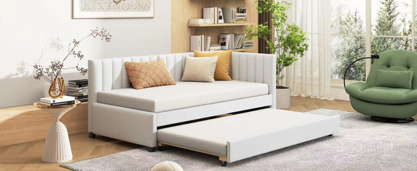 English Elm Upholstered Twin Daybed with Roll-out Trundle Linen Sofa Frame for Guest Rooms LP000171AAA