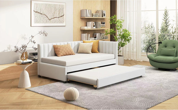 English Elm Upholstered Twin Daybed with Roll-out Trundle Linen Sofa Frame for Guest Rooms LP000171AAA