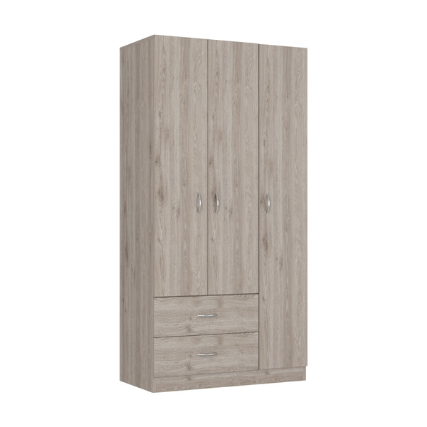 English Elm Three Door Armoire Clark Light Gray — 70.8" Tall Engineered Wood Wardrobe with Rod, Drawers & Shelves B092S00203