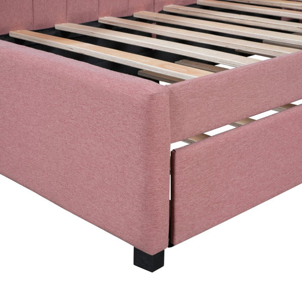 English Elm Upholstered Twin Daybed with Roll-out Trundle Linen Sofa Frame for Guest Rooms Pink LP000171AAH
