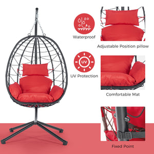 English Elm Egg Modern Rattan Hanging Swing Chair with Stand - All-Weather PE Wicker Egg Seat for Patio Comfort Red W87437580
