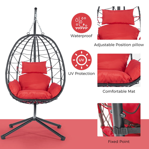 English Elm Egg Modern Rattan Hanging Swing Chair with Stand - All-Weather PE Wicker Egg Seat for Patio Comfort Red W87437580