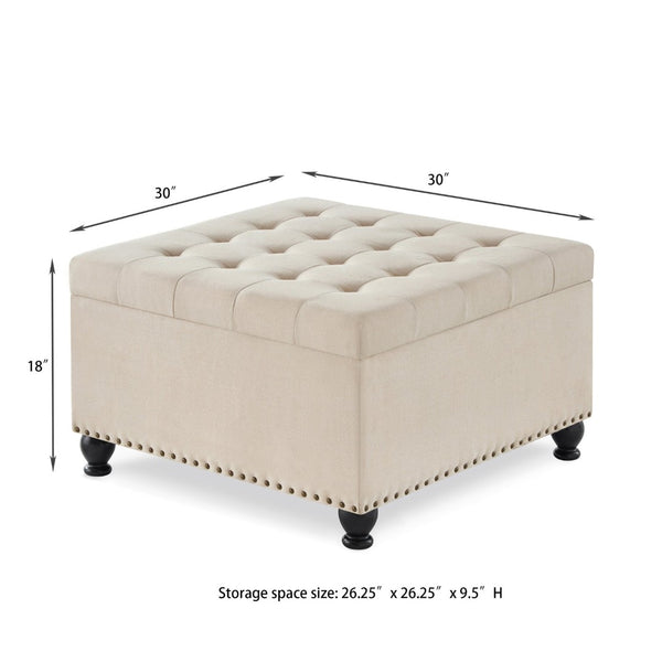 English Elm Large Tufted Faux Leather Storage Ottoman with Brass Nail Trim and Spindle Legs Beige W2186142955