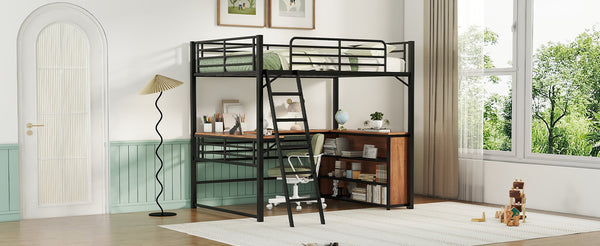 English Elm Full Metal Loft Bed with L-Shaped Desk, 3-Tier Shelving, Sturdy Ladder & Space-Saving Design for Teens and Adults Black SF000080AAB