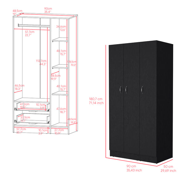 English Elm Wardrobe Erie Black with 3 Doors, 2 Drawers & Shelves — Engineered Wood, Hanging Rod, Durable Storage B092S00215