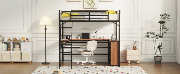 English Elm Twin Metal Loft Bed with L-Shaped Desk, 3-Tier Shelving, Sturdy Ladder & Space-Saving Design Black SF000079AAB