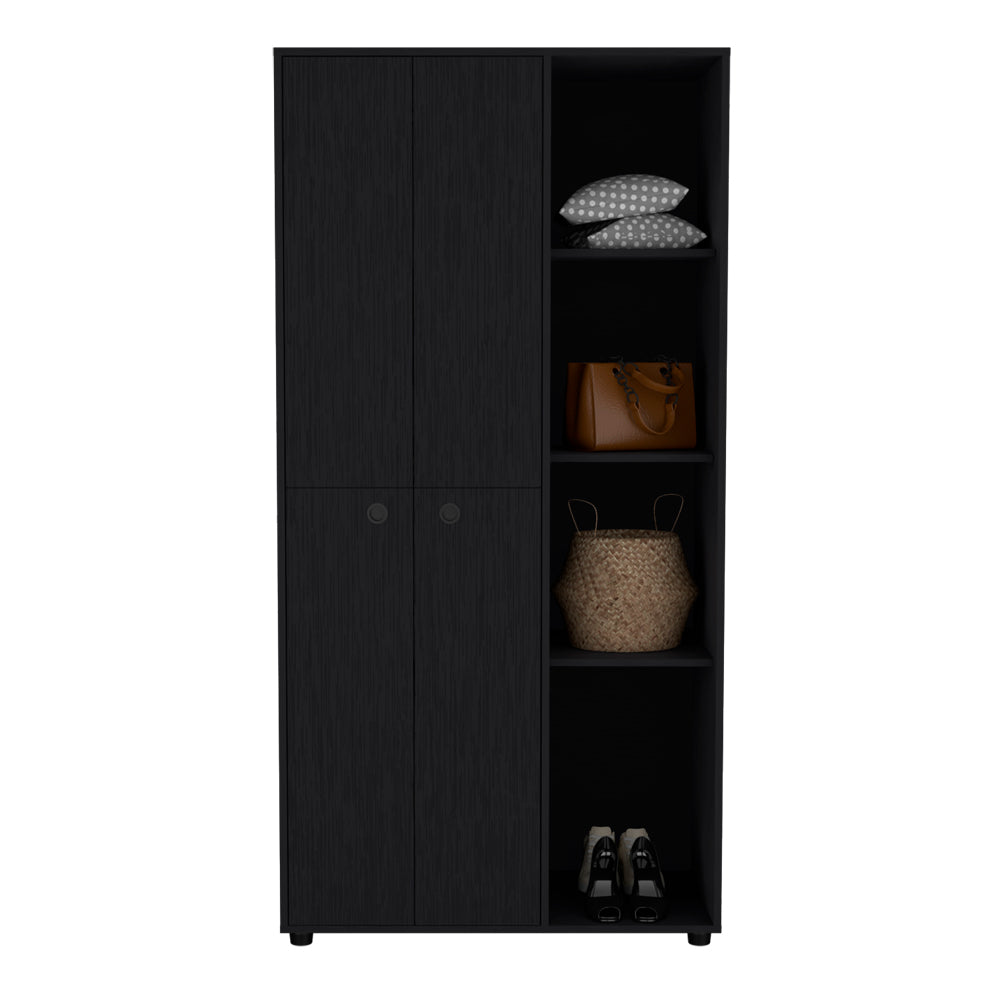 English Elm Armoire Boise Black engineered wood wardrobe with 2 metal rods, 3 shelves & roomy drawer for bedrooms B092S00241