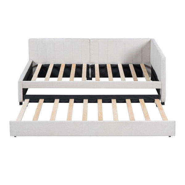 English Elm Upholstered Twin Daybed with Roll-out Trundle Linen Sofa Frame for Guest Rooms LP000171AAA