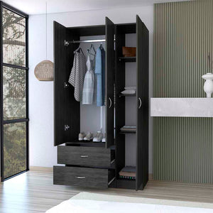 English Elm Three Door Armoire Clark Smokey Oak/White — 70.8"H storage cabinet with rod, 4 shelves & 2 drawers durable engineered wood B092S00205