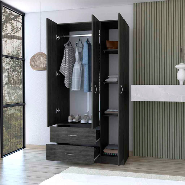 English Elm Three Door Armoire Clark Smokey Oak/White — 70.8"H storage cabinet with rod, 4 shelves & 2 drawers durable engineered wood B092S00205