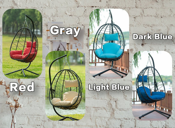 English Elm Egg Modern Rattan Hanging Swing Chair with Stand - Black PE Wicker, Light Blue Cushion, 350lb Load, Indoor Outdoor Relaxation W87437579