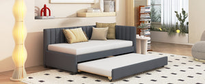English Elm Upholstered Twin Daybed with Roll-out Trundle Linen Sofa Frame for Guest Rooms Gray LP000171AAE
