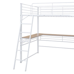 English Elm Full Metal Loft Bed with L-Shaped Desk, 3-Tier Shelving, Sturdy Ladder & Space-Saving Design for Teens and Adults White SF000080AAK