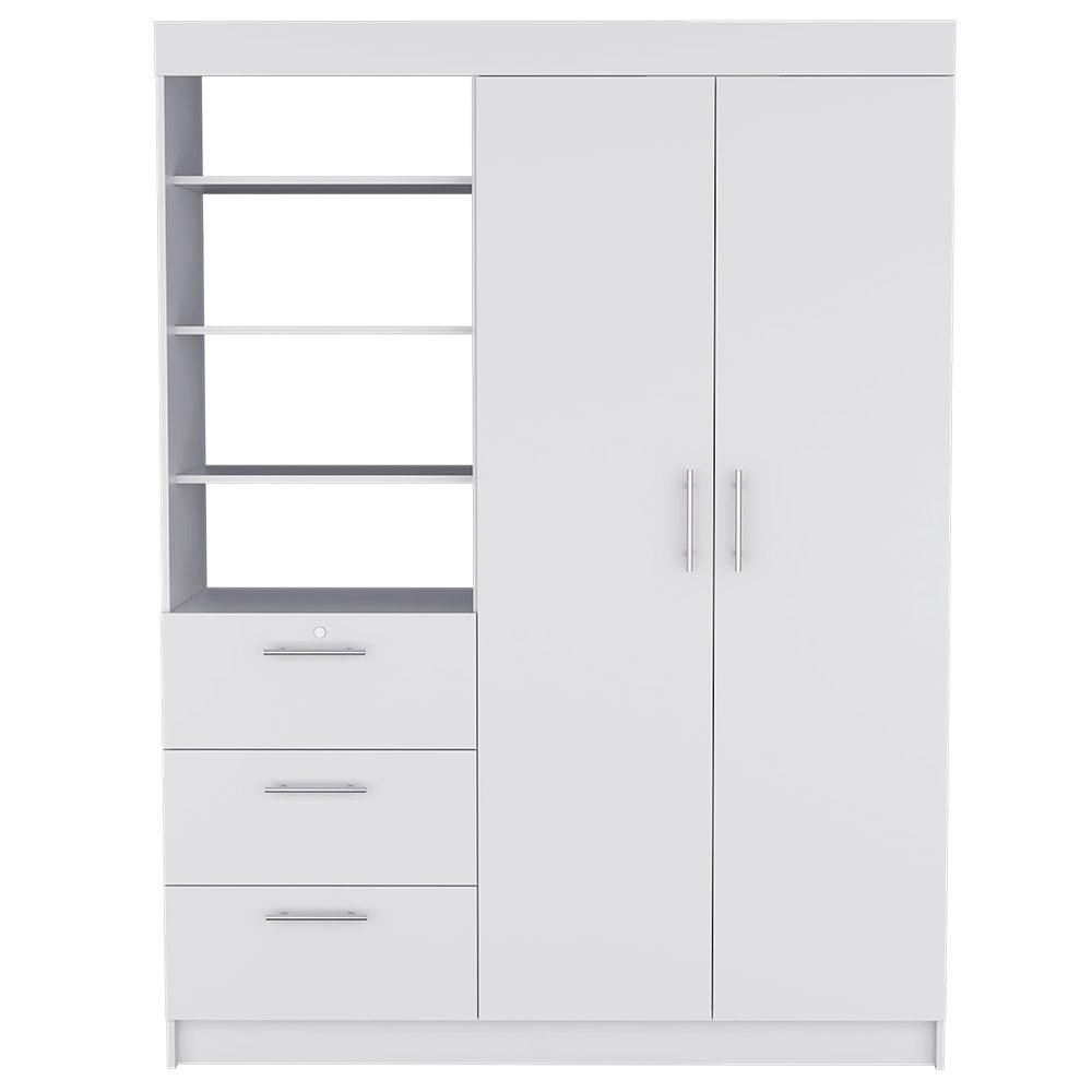 English Elm Armoire Rumanu White Bedroom Wardrobe with Two Doors, Three Drawers & Four Shelves—Durable Engineered Wood B092S00210