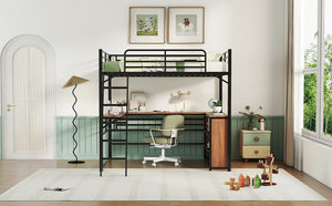 English Elm Full Metal Loft Bed with L-Shaped Desk, 3-Tier Shelving, Sturdy Ladder & Space-Saving Design for Teens and Adults Black SF000080AAB