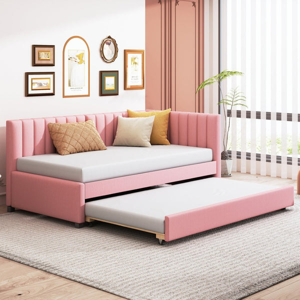 English Elm Upholstered Twin Daybed with Roll-out Trundle Linen Sofa Frame for Guest Rooms Pink LP000171AAH