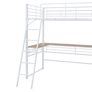 English Elm Twin Metal Loft Bed with L-Shaped Desk, 3-Tier Shelving, Sturdy Ladder & Space-Saving Design White SF000079AAK