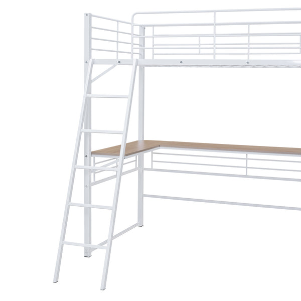 English Elm Twin Metal Loft Bed with L-Shaped Desk, 3-Tier Shelving, Sturdy Ladder & Space-Saving Design White SF000079AAK