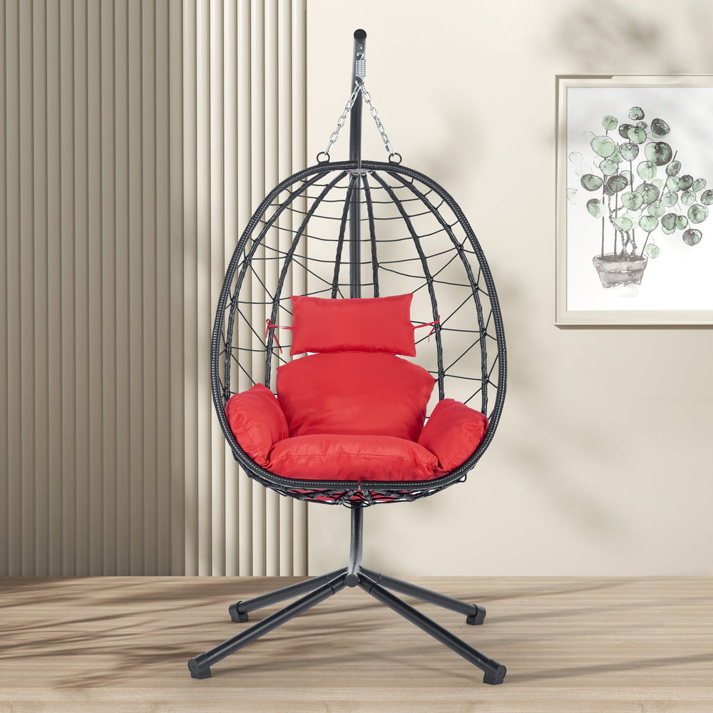 English Elm Egg Modern Rattan Hanging Swing Chair with Stand - All-Weather PE Wicker Egg Seat for Patio Comfort Red W87437580