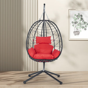 English Elm Egg Modern Rattan Hanging Swing Chair with Stand - All-Weather PE Wicker Egg Seat for Patio Comfort Red W87437580