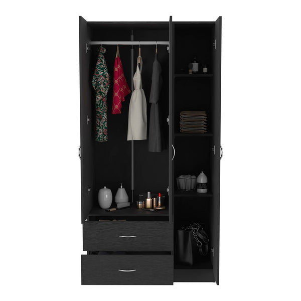 English Elm Three Door Armoire Clark Black – Tall Engineered Wood Wardrobe with Clothing Rod, 4 Shelves & 2 Drawers, 70.8"H B092S00201