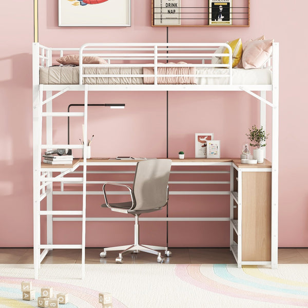 English Elm Twin Metal Loft Bed with L-Shaped Desk, 3-Tier Shelving, Sturdy Ladder & Space-Saving Design White SF000079AAK