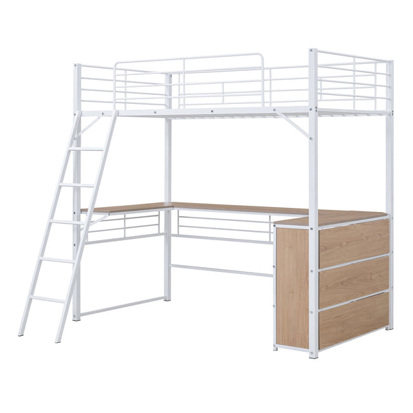 English Elm Twin Metal Loft Bed with L-Shaped Desk, 3-Tier Shelving, Sturdy Ladder & Space-Saving Design White SF000079AAK