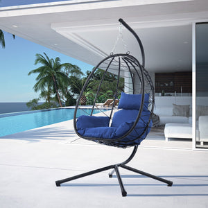 English Elm Egg Modern Rattan Hanging Swing Chair with Stand - All-Weather PE Wicker Egg Seat for Patio Comfort Navy Blue W87437581