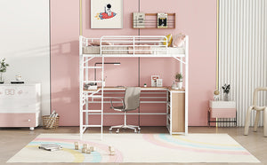 English Elm Twin Metal Loft Bed with L-Shaped Desk, 3-Tier Shelving, Sturdy Ladder & Space-Saving Design White SF000079AAK