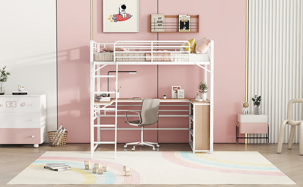 English Elm Twin Metal Loft Bed with L-Shaped Desk, 3-Tier Shelving, Sturdy Ladder & Space-Saving Design White SF000079AAK