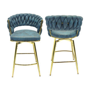 English Elm 26" Suede Woven Bar Chair Set of 2 - Blue Technical Leather 360° Swivel, Gold Legs, Counter Height Comfort W2189132047