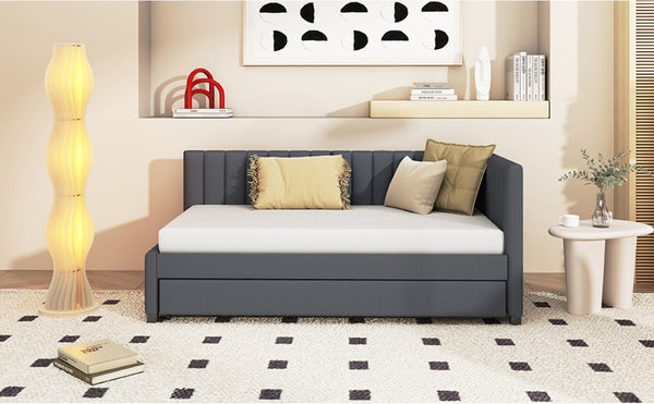 English Elm Upholstered Twin Daybed with Roll-out Trundle Linen Sofa Frame for Guest Rooms Gray LP000171AAE