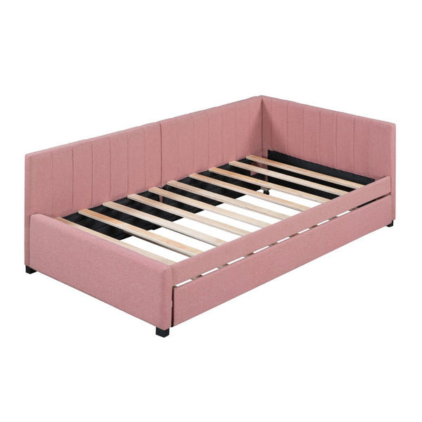 English Elm Upholstered Twin Daybed with Roll-out Trundle Linen Sofa Frame for Guest Rooms Pink LP000171AAH