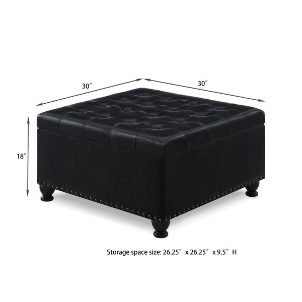 English Elm Large Tufted Faux Leather Storage Ottoman with Brass Nail Trim and Spindle Legs W2186142958