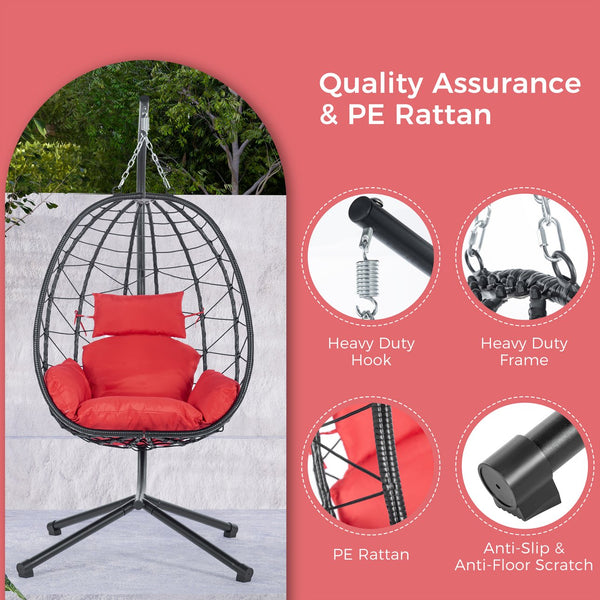 English Elm Egg Modern Rattan Hanging Swing Chair with Stand - All-Weather PE Wicker Egg Seat for Patio Comfort Red W87437580