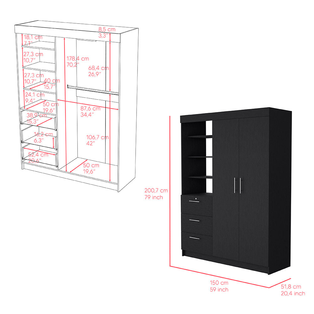 English Elm Armoire Rumanu Black Engineered Wood Wardrobe with Two Doors, Three Drawers & Four Shelves for Bedroom Storage and Durable Style B092S00211