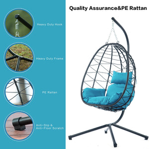 English Elm Egg Modern Rattan Hanging Swing Chair with Stand - Black PE Wicker, Light Blue Cushion, 350lb Load, Indoor Outdoor Relaxation W87437579