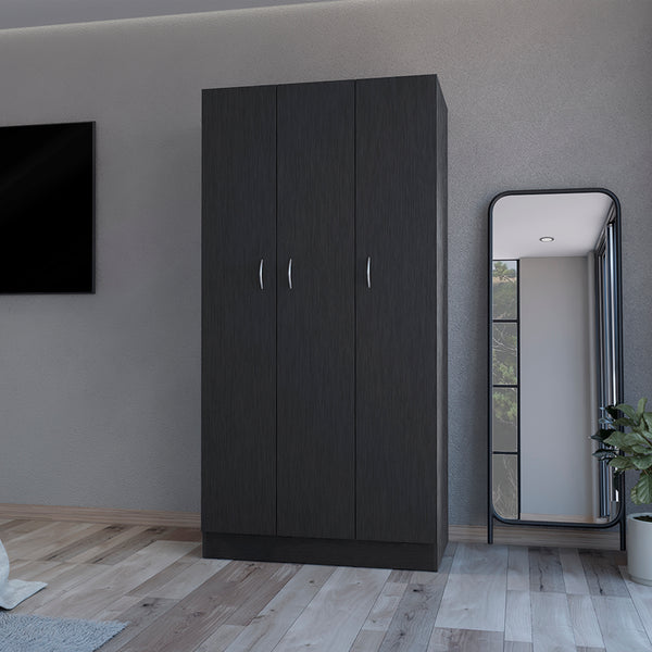 English Elm Wardrobe Erie Black with 3 Doors, 2 Drawers & Shelves — Engineered Wood, Hanging Rod, Durable Storage B092S00215