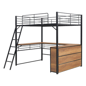 English Elm Full Metal Loft Bed with L-Shaped Desk, 3-Tier Shelving, Sturdy Ladder & Space-Saving Design for Teens and Adults Black SF000080AAB