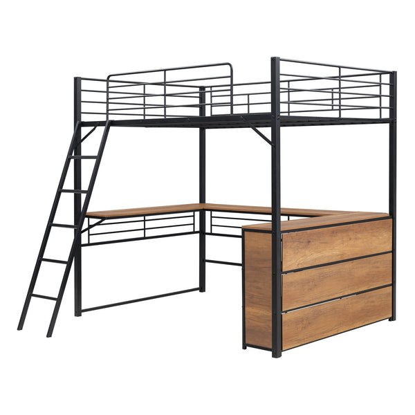 English Elm Full Metal Loft Bed with L-Shaped Desk, 3-Tier Shelving, Sturdy Ladder & Space-Saving Design for Teens and Adults Black SF000080AAB
