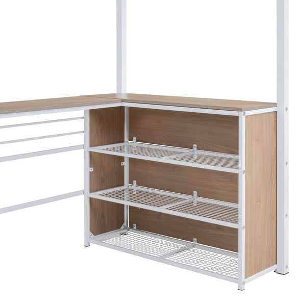 English Elm Twin Metal Loft Bed with L-Shaped Desk, 3-Tier Shelving, Sturdy Ladder & Space-Saving Design White SF000079AAK