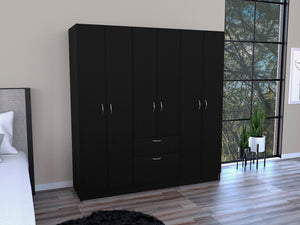 English Elm Six Doors Armoire Maya White+Black 71.2" Tall Engineered Wood Wardrobe with 2 Hanging Cabinets, Shelves, Drawer B092S00206
