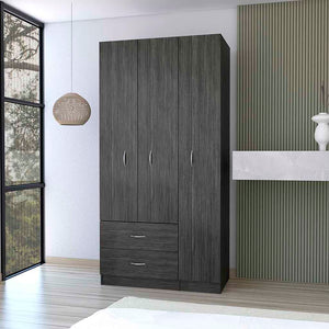 English Elm Three Door Armoire Clark Smokey Oak/White — 70.8"H storage cabinet with rod, 4 shelves & 2 drawers durable engineered wood B092S00205