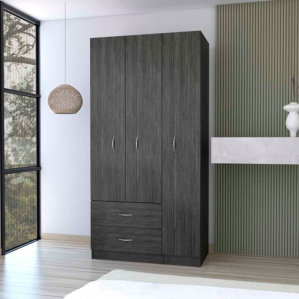 English Elm Three Door Armoire Clark Smokey Oak/White — 70.8"H storage cabinet with rod, 4 shelves & 2 drawers durable engineered wood B092S00205