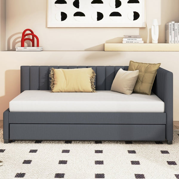 English Elm Upholstered Twin Daybed with Roll-out Trundle Linen Sofa Frame for Guest Rooms Gray LP000171AAE