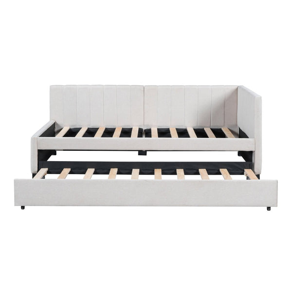 English Elm Upholstered Twin Daybed with Roll-out Trundle Linen Sofa Frame for Guest Rooms LP000171AAA